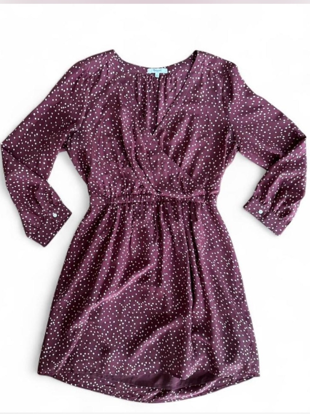Madewell 6 Medium Mini Dress Long Sleeve Burgundy white polka dots Silk Babydoll